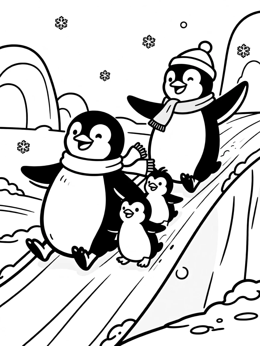 A penguin family sliding on an icy slope