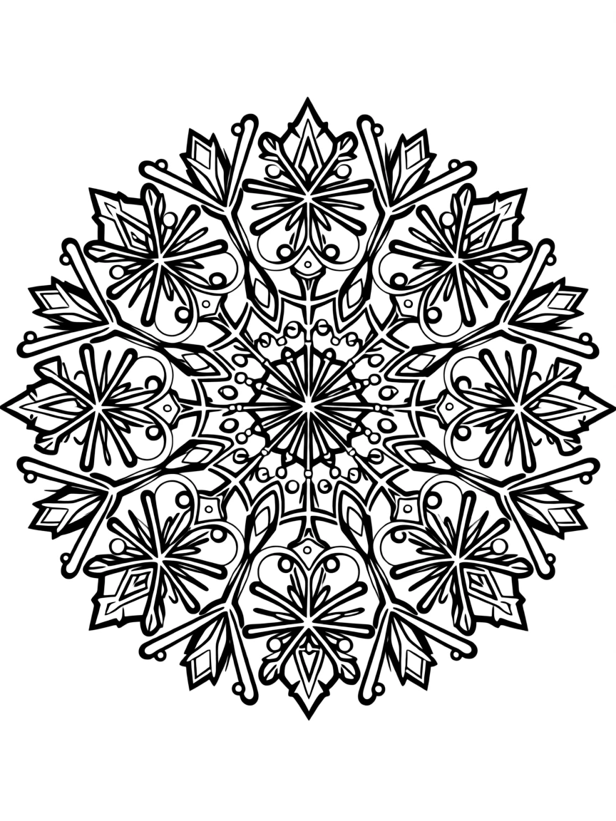 An intricate winter mandala with snowflakes and ice crystal patterns
