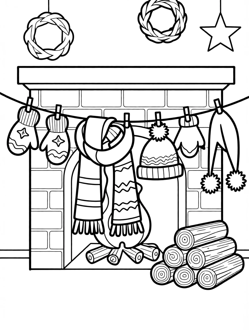 Mittens, scarves, and winter hats hanging to dry by a fireplace