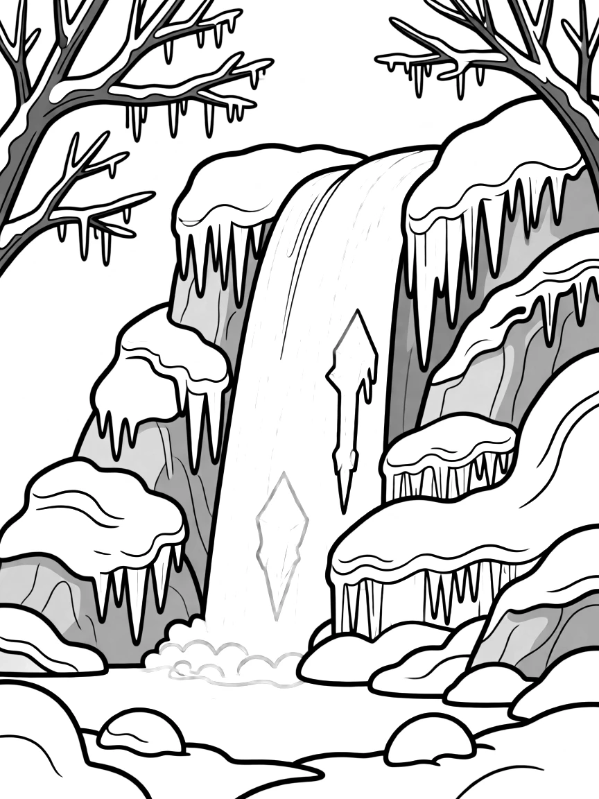 A frozen waterfall with intricate ice formations