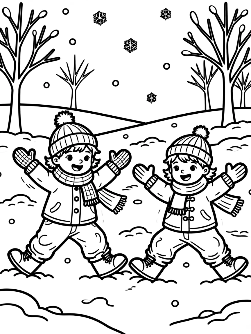 Children making snow angels in a freshly fallen snow
