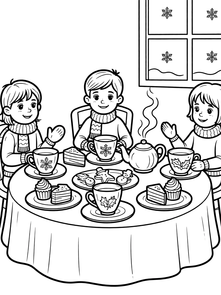 A winter tea party with detailed teacups and winter treats