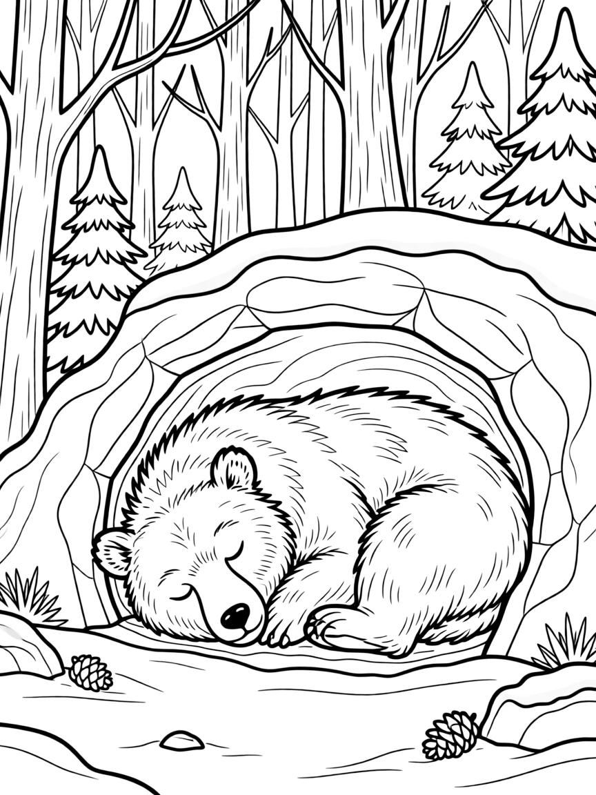A hibernating bear in a cave surrounded by winter forest