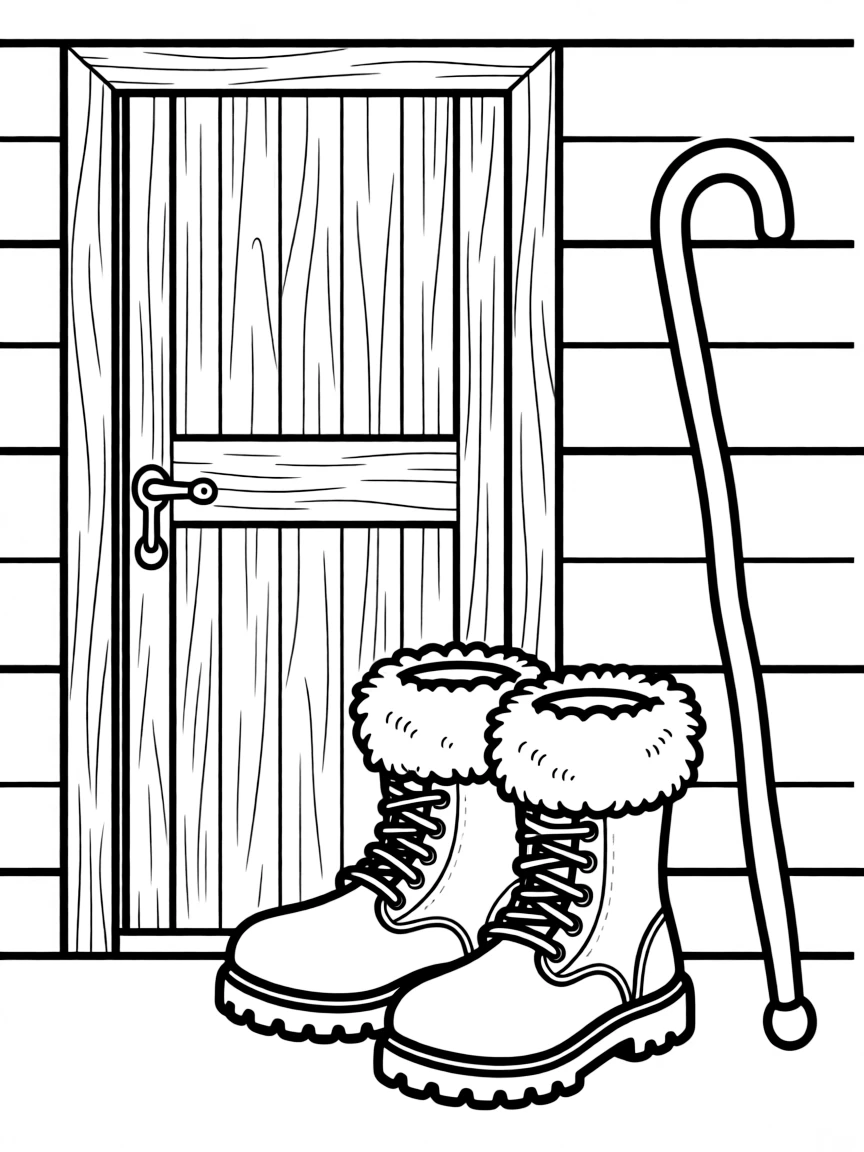 Detailed winter boots and a walking stick by a cabin door
