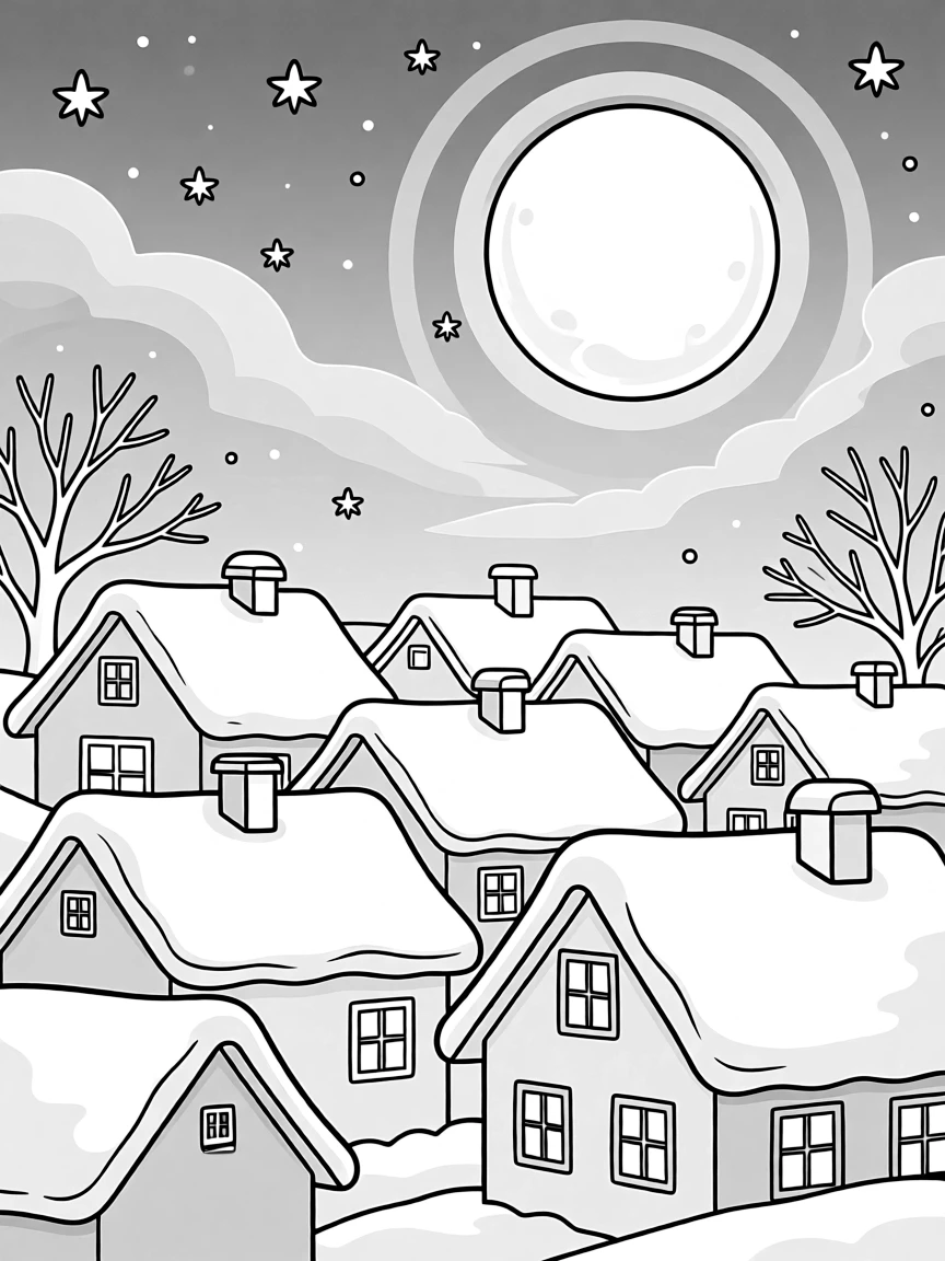A night scene with moonlight reflecting off snow-covered rooftops