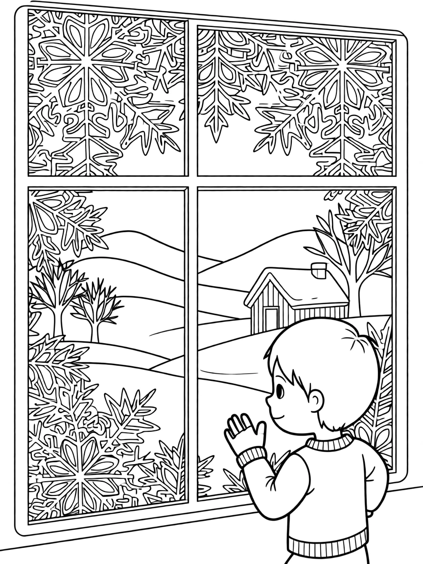 Frost patterns on a window pane with a winter scene beyond