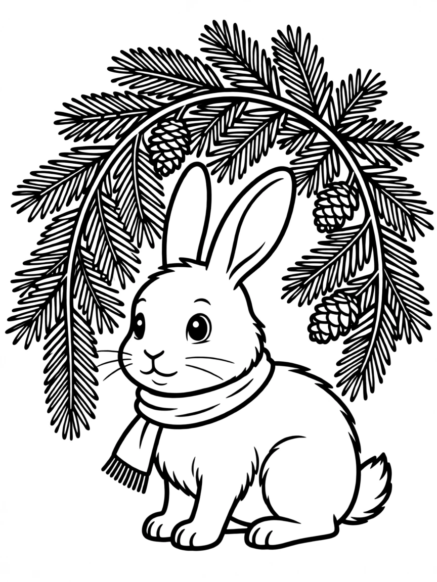 A snow bunny hiding under an evergreen branch