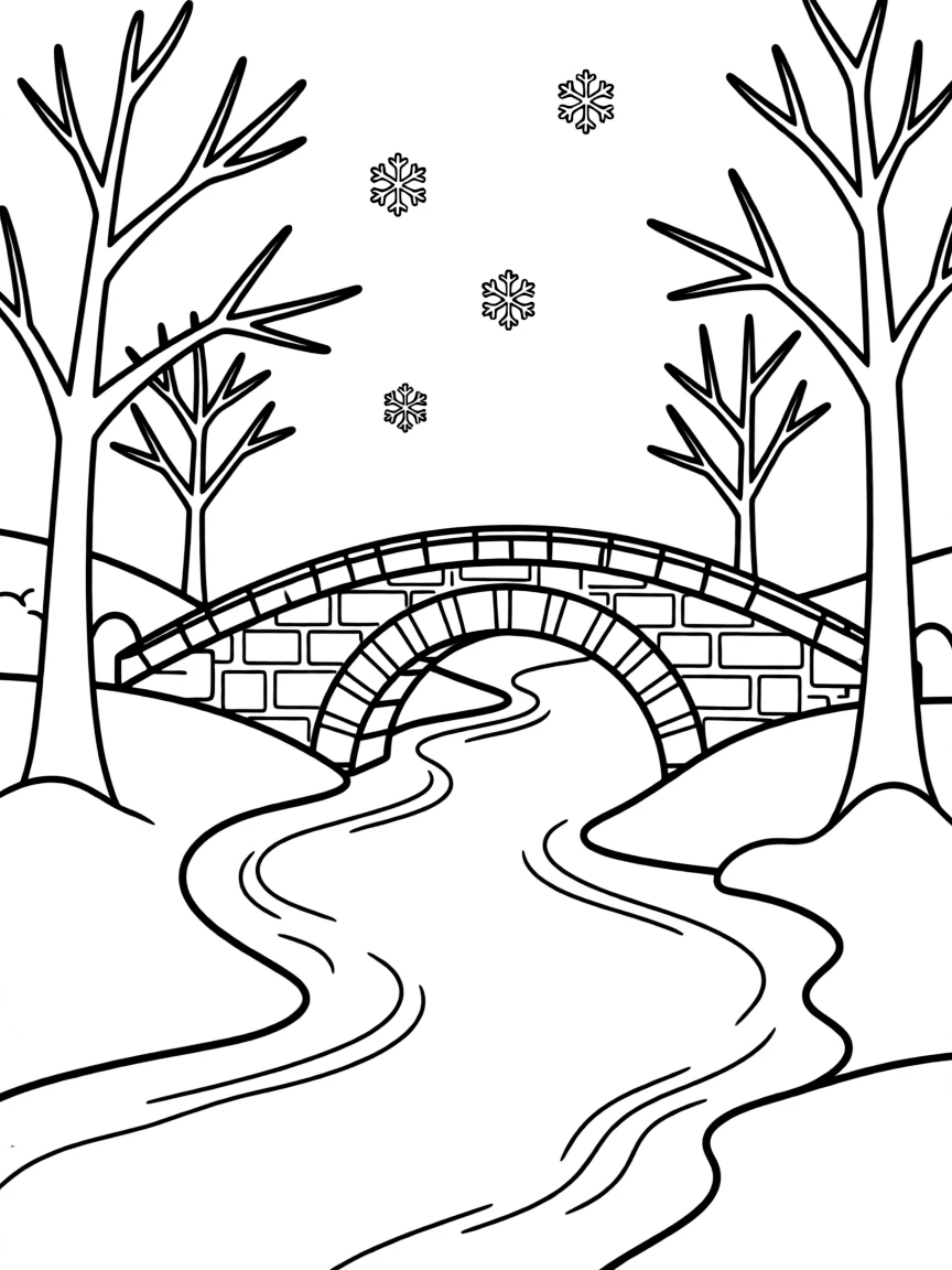 A winter landscape with a frozen creek and stone bridge