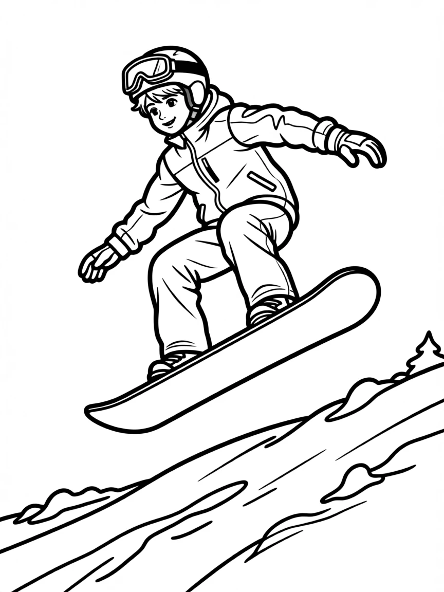 A detailed snowboarder mid-jump over a snowy hill
