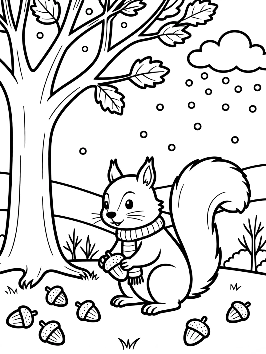 A squirrel gathering the last acorns before a snowstorm