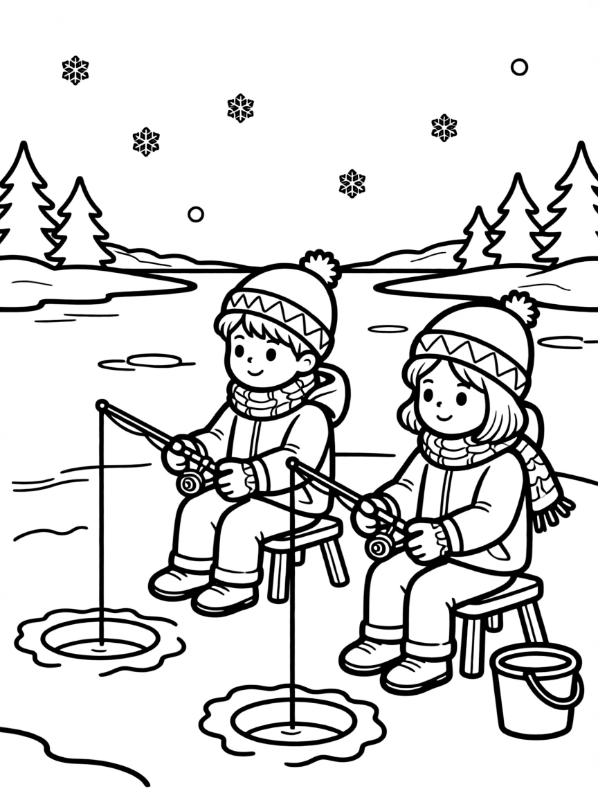 Children ice fishing on a frozen lake with fishing equipment
