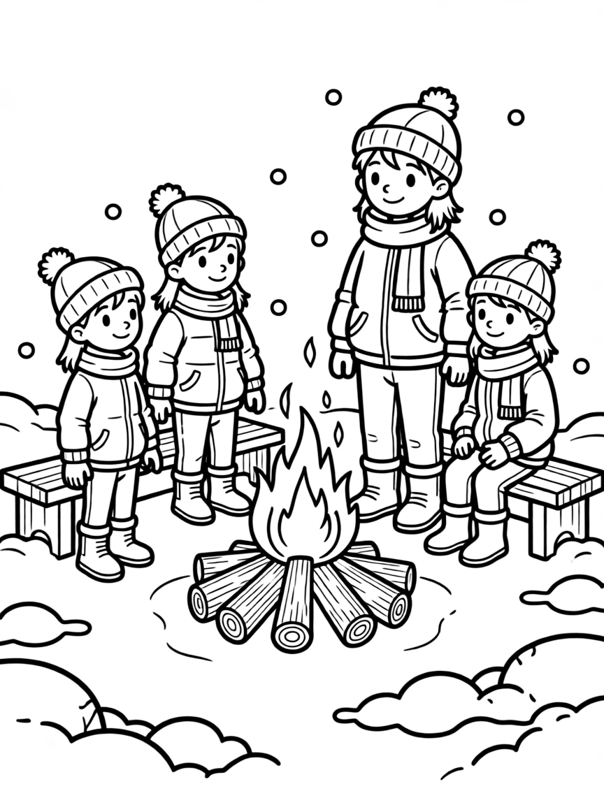 A winter bonfire surrounded by people in warm clothing