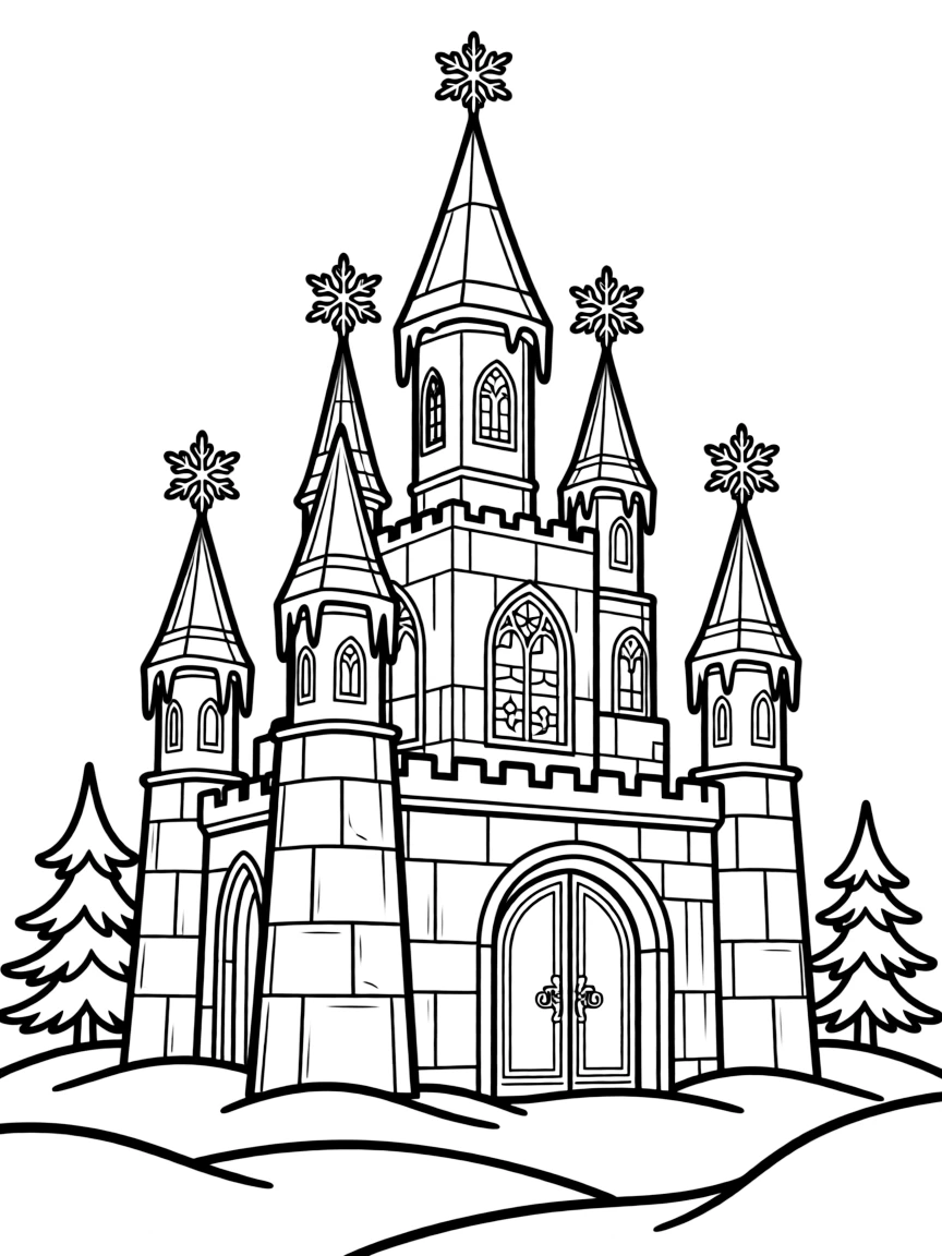 An ornate ice castle with towers and detailed architecture