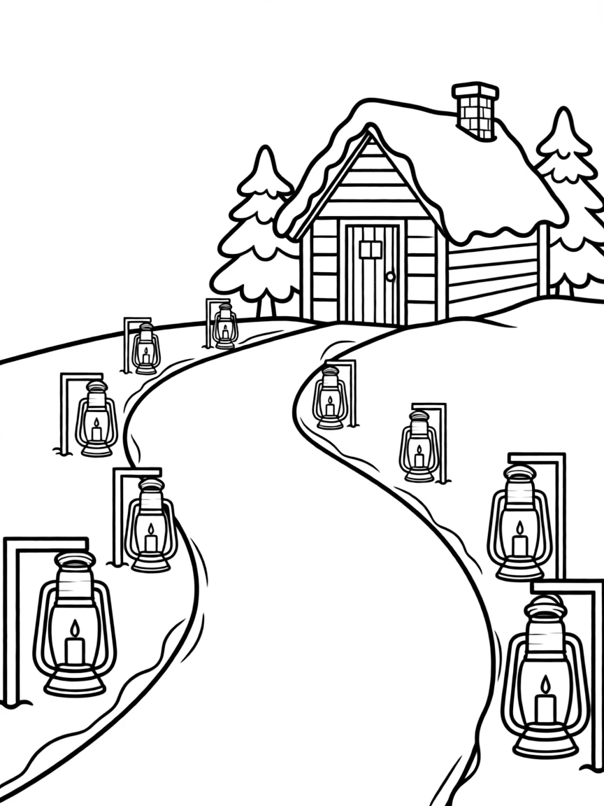 A snowy path lined with lanterns leading to a cabin