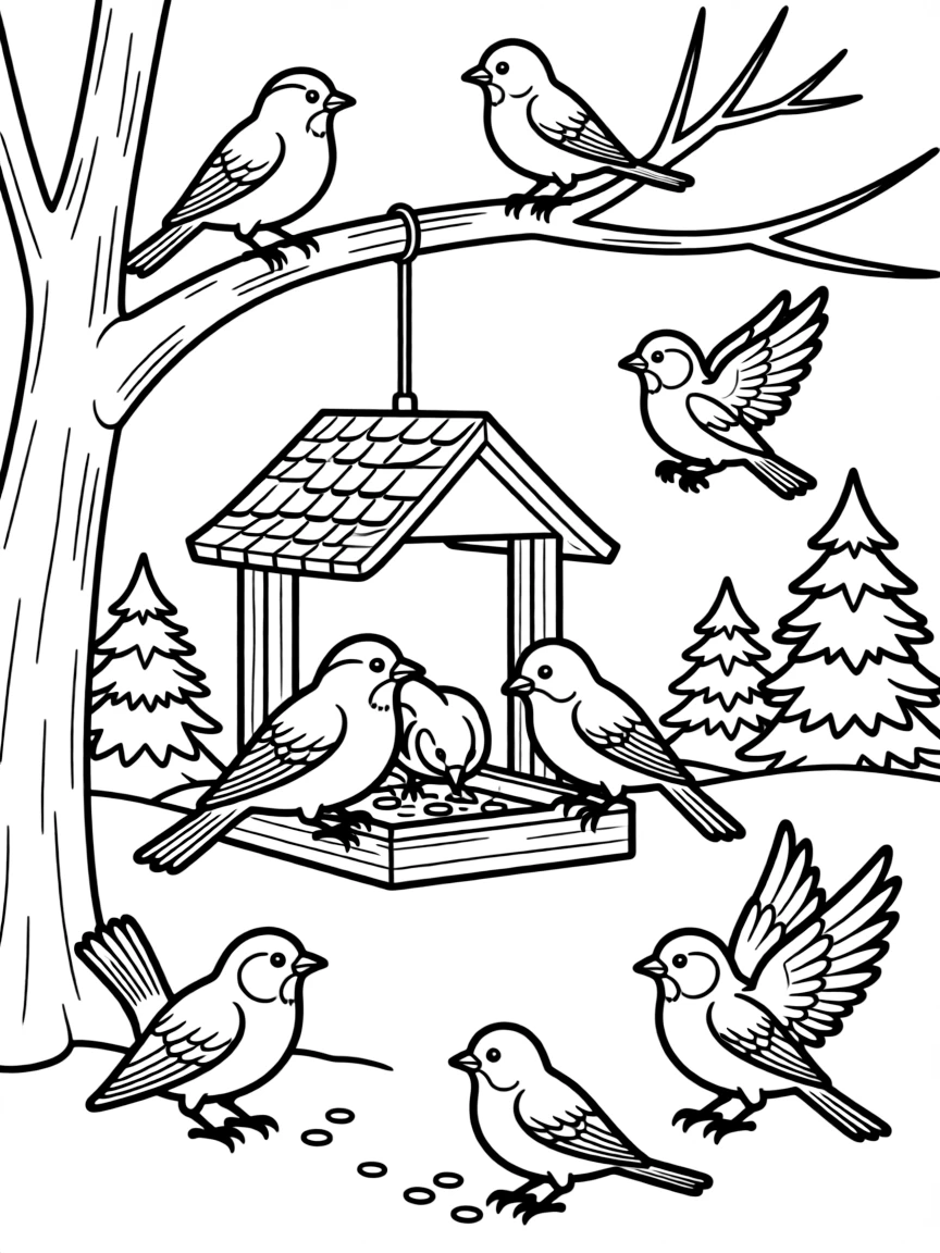 Winter birds gathering around a detailed bird feeder