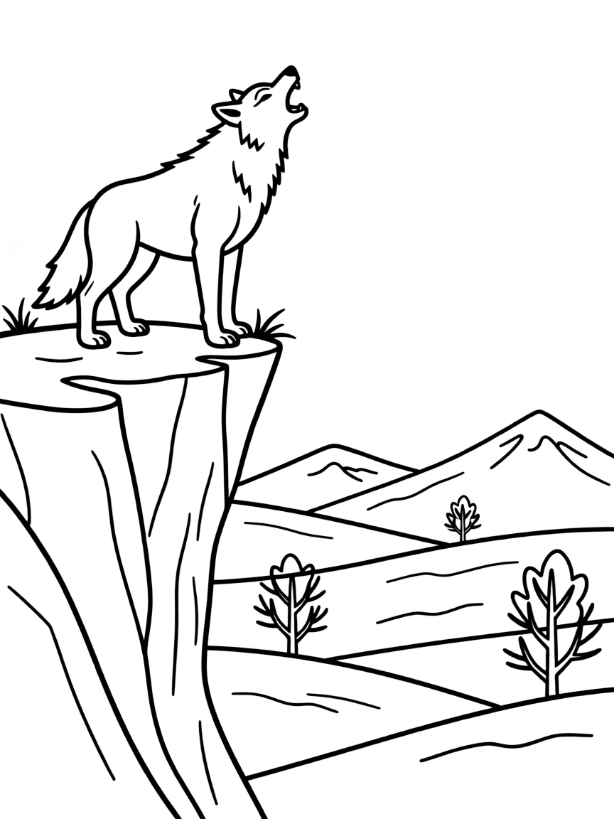 A wolf howling on a cliff overlooking a winter valley