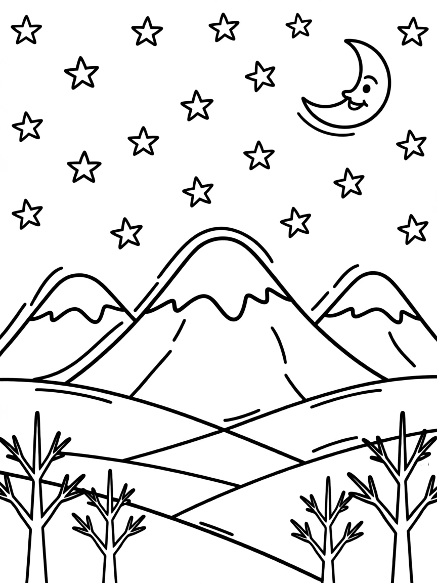 A starry winter night sky above snow-covered mountains