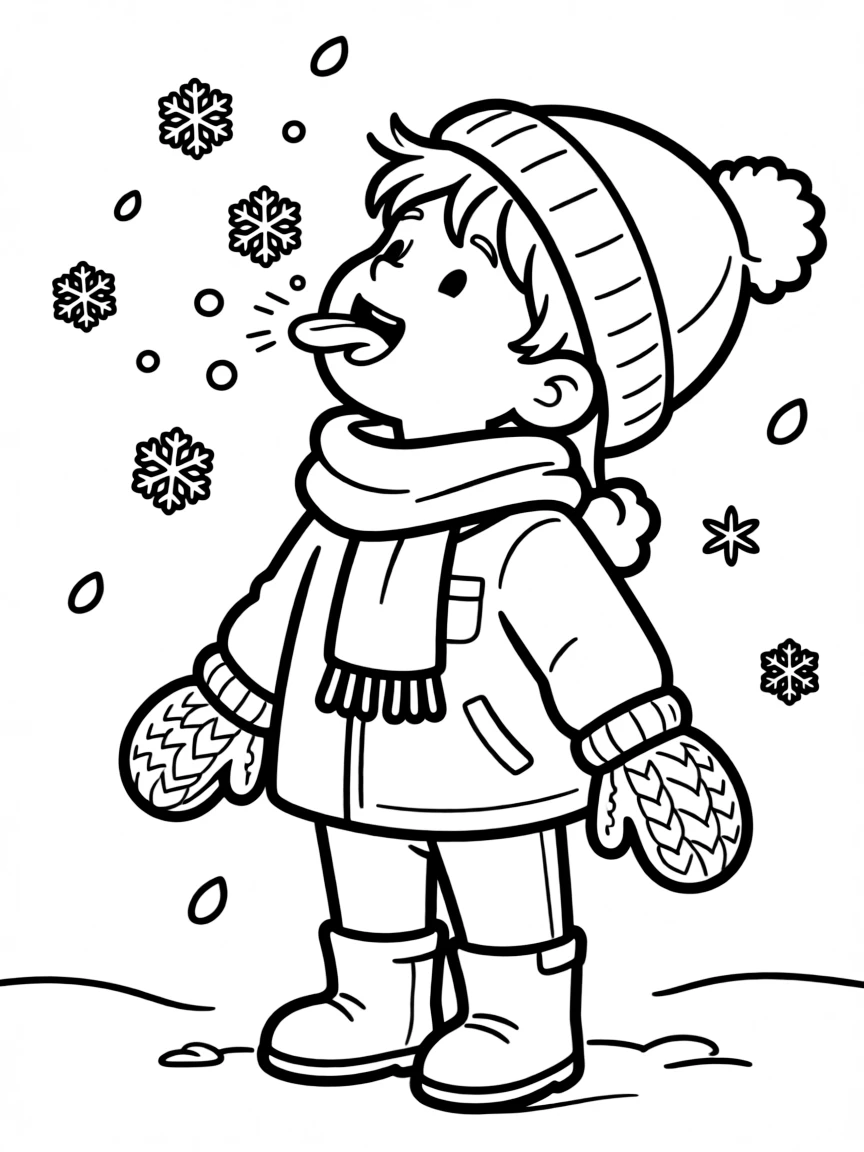 A child catching snowflakes on their tongue and mittens
