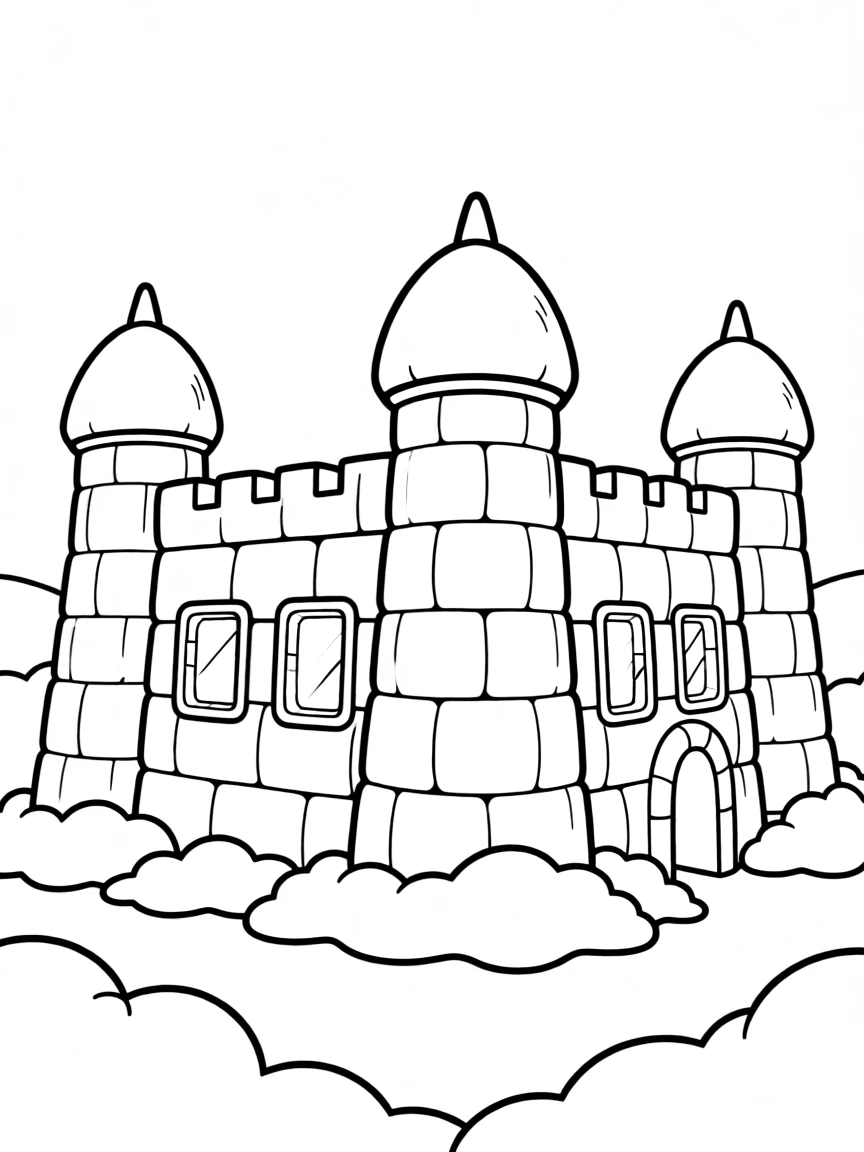 A detailed snow fort with ice block windows and snow turrets