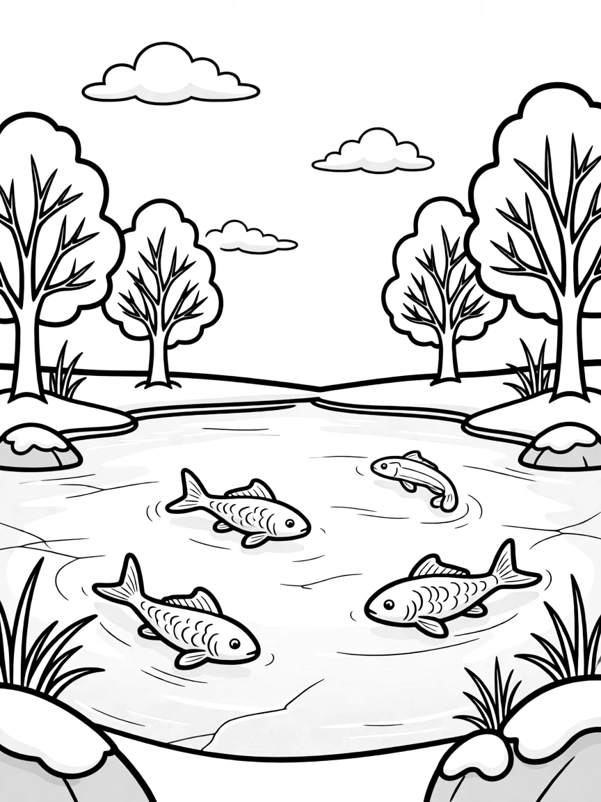 A frozen pond with fish visible beneath the clear ice