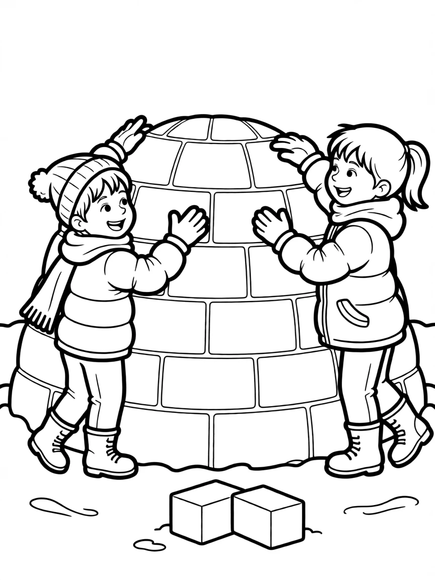 Children building an igloo with packed snow blocks