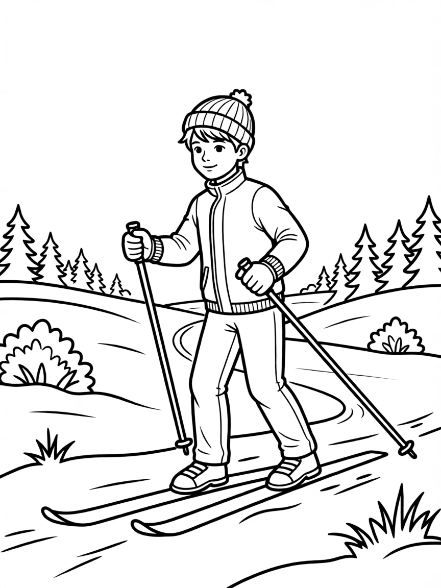 A cross-country skier traversing a snowy meadow