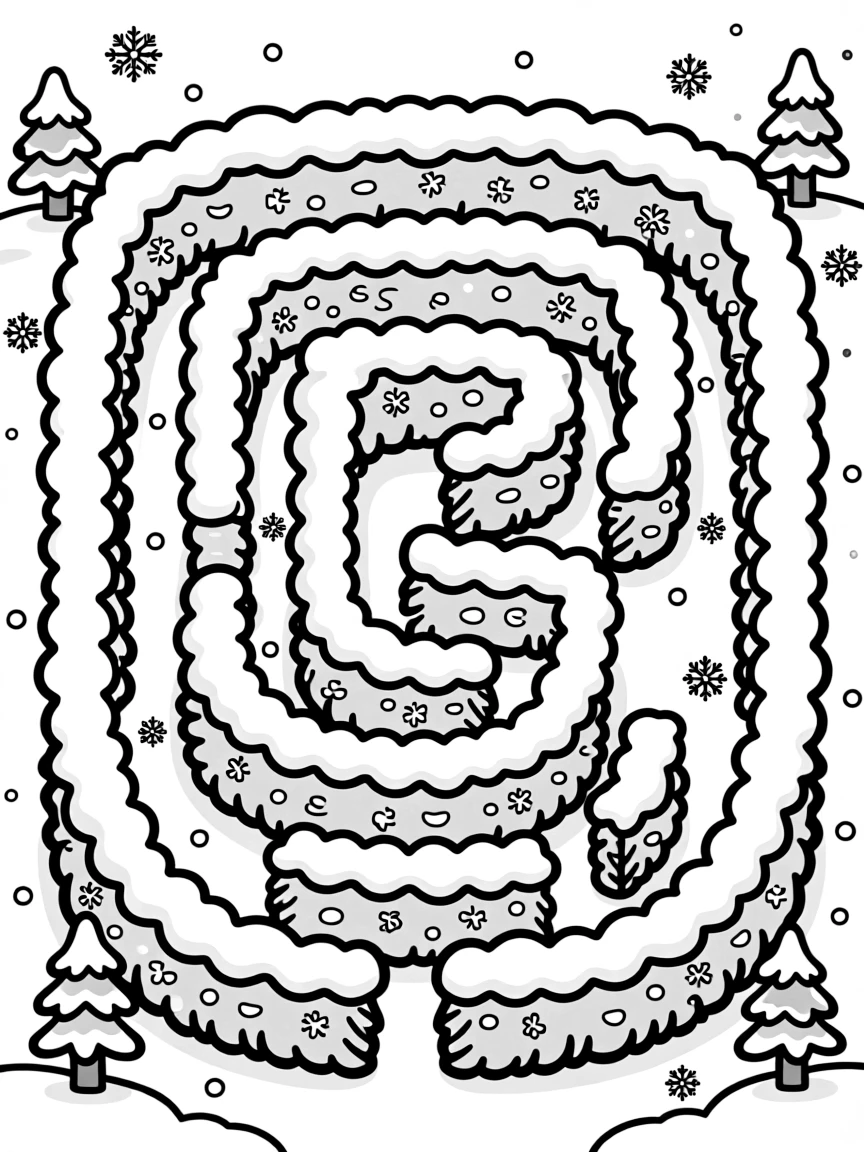 A detailed winter maze made of snow-covered hedges