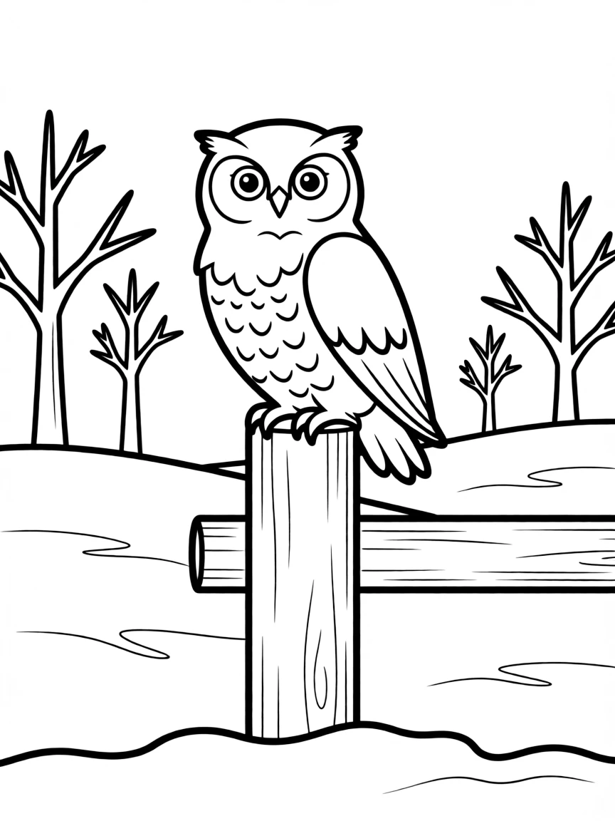 Snowy owl perched on a fence post in a winter field