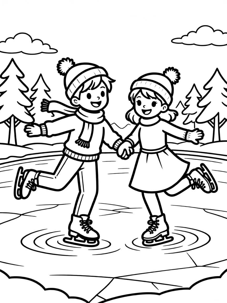 An elaborate ice-skating performance on a frozen pond
