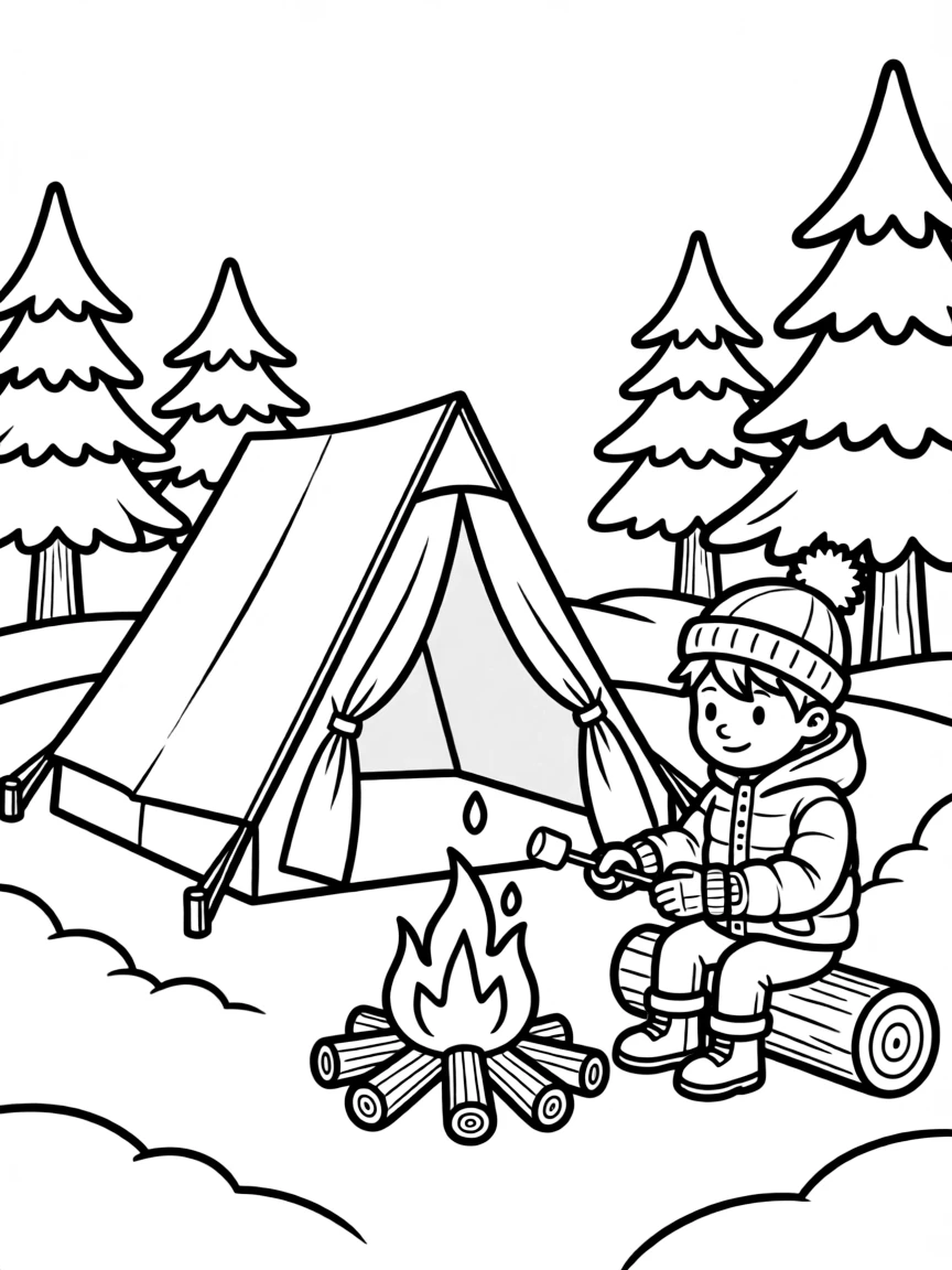 Winter camping scene with a tent in the snow and a campfire