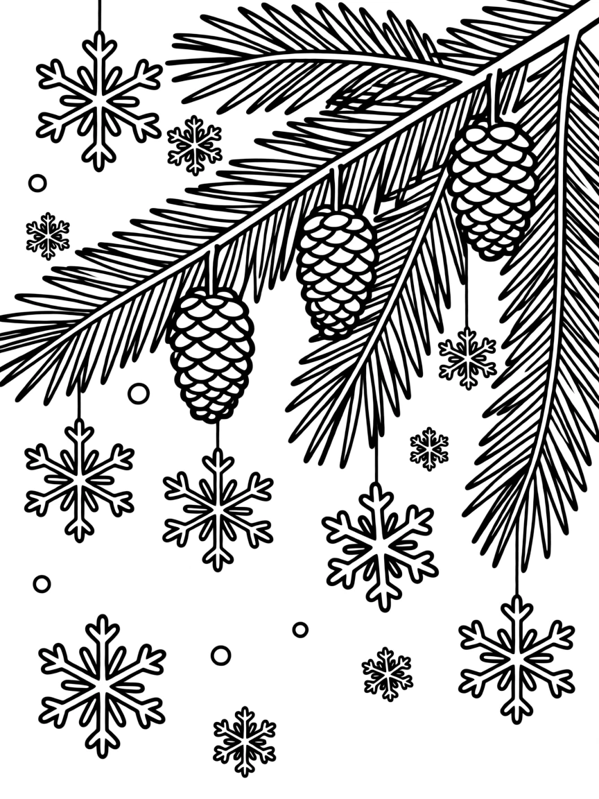 Snowflakes falling on evergreen branches with pinecones