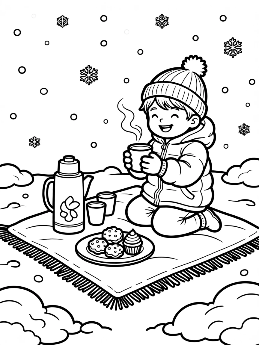 A winter picnic with a thermos and warm treats on a blanket