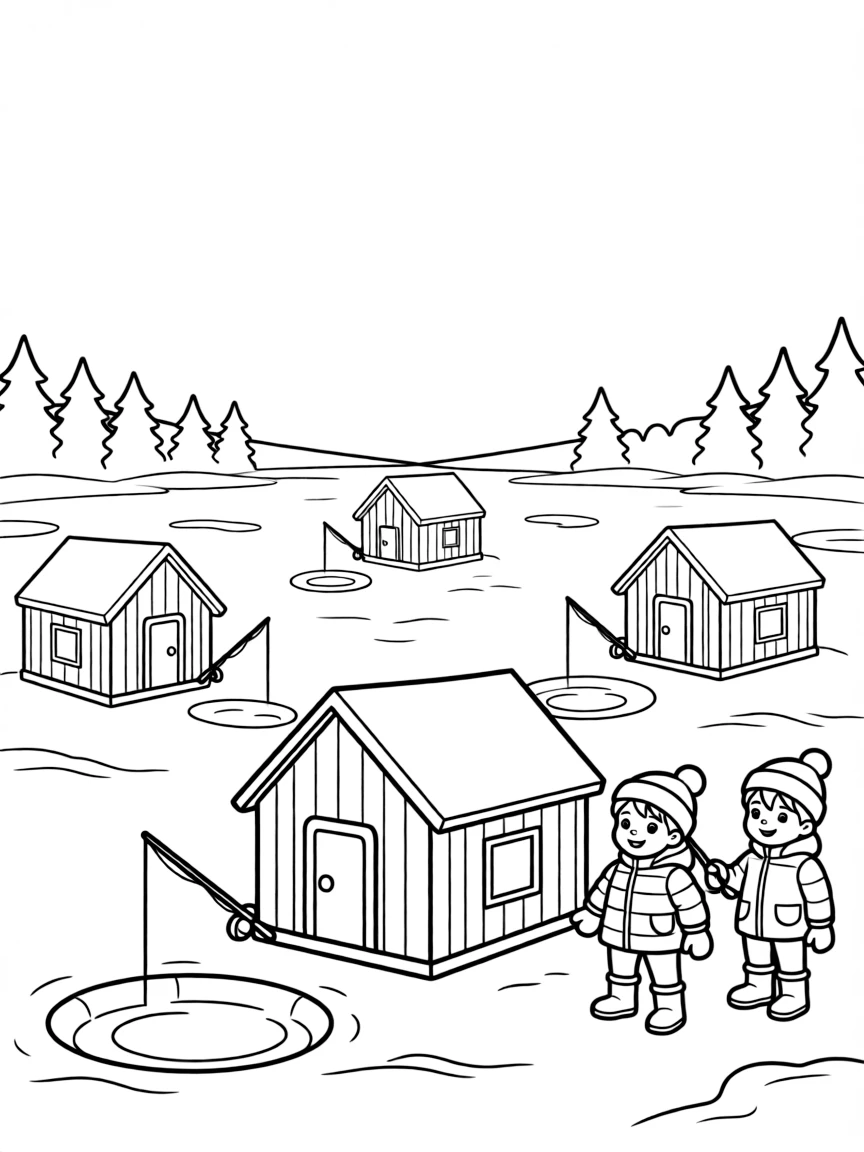 Ice fishing huts dotting a frozen lake landscape