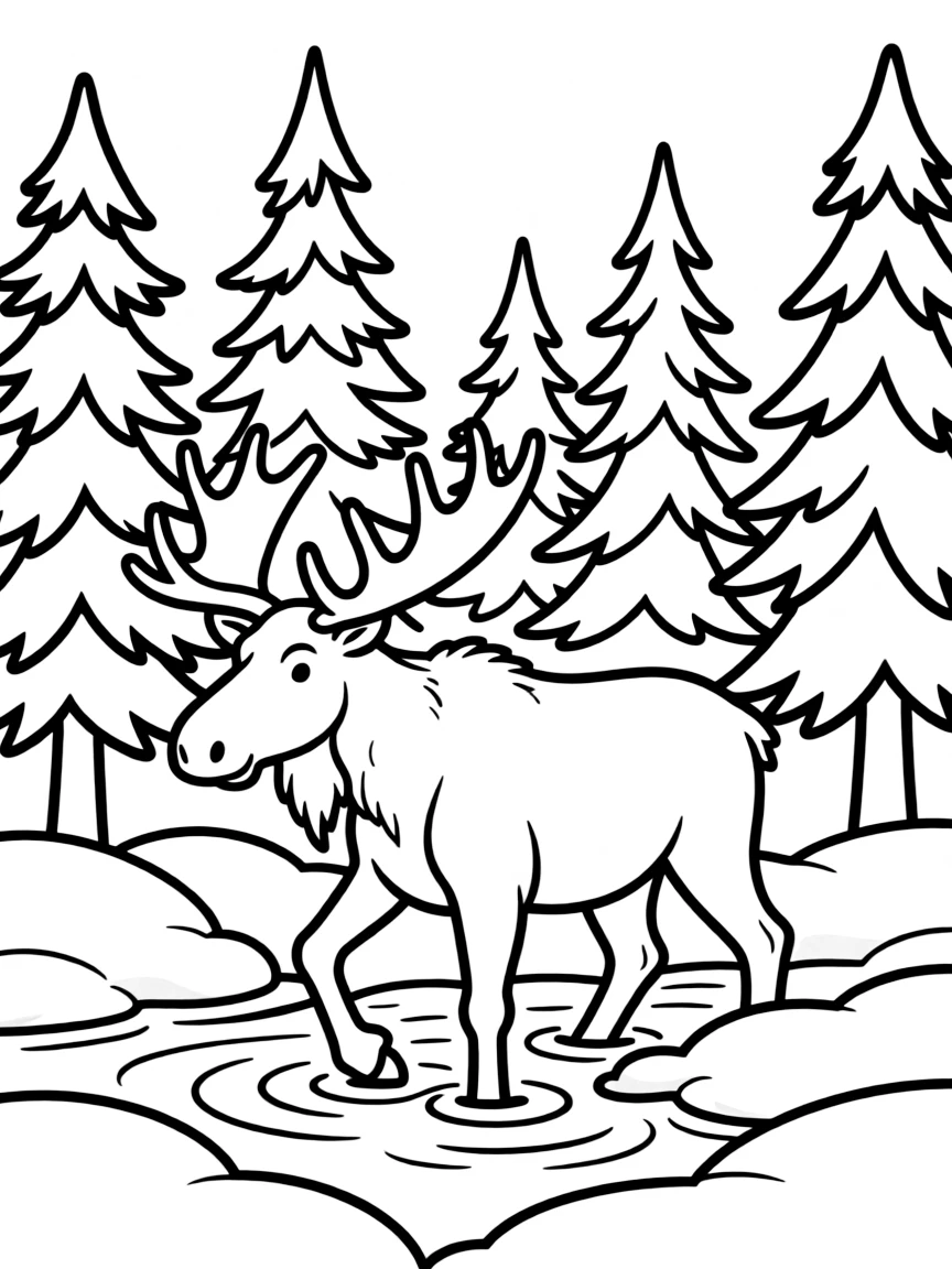 A moose wading through deep snow between evergreens