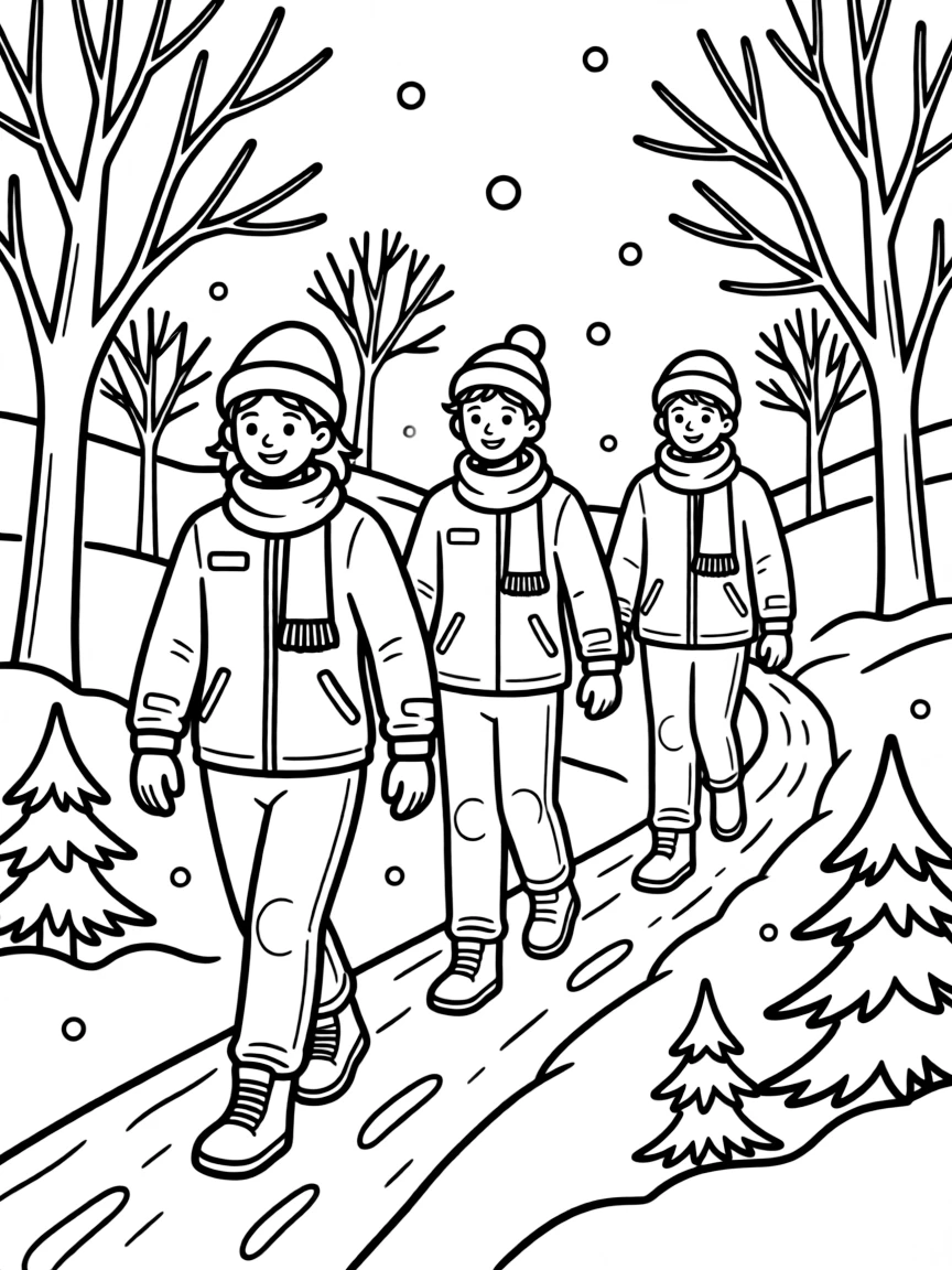 A winter hiking scene with people in snow gear on a trail