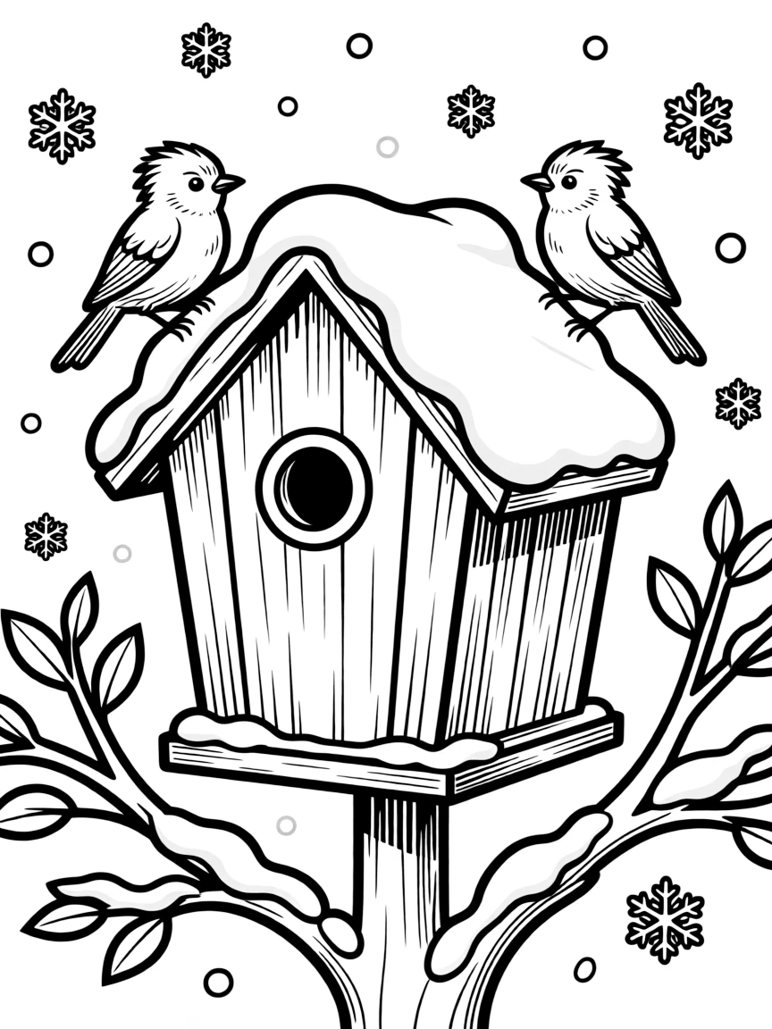 Winter birds nesting in a snow-covered birdhouse