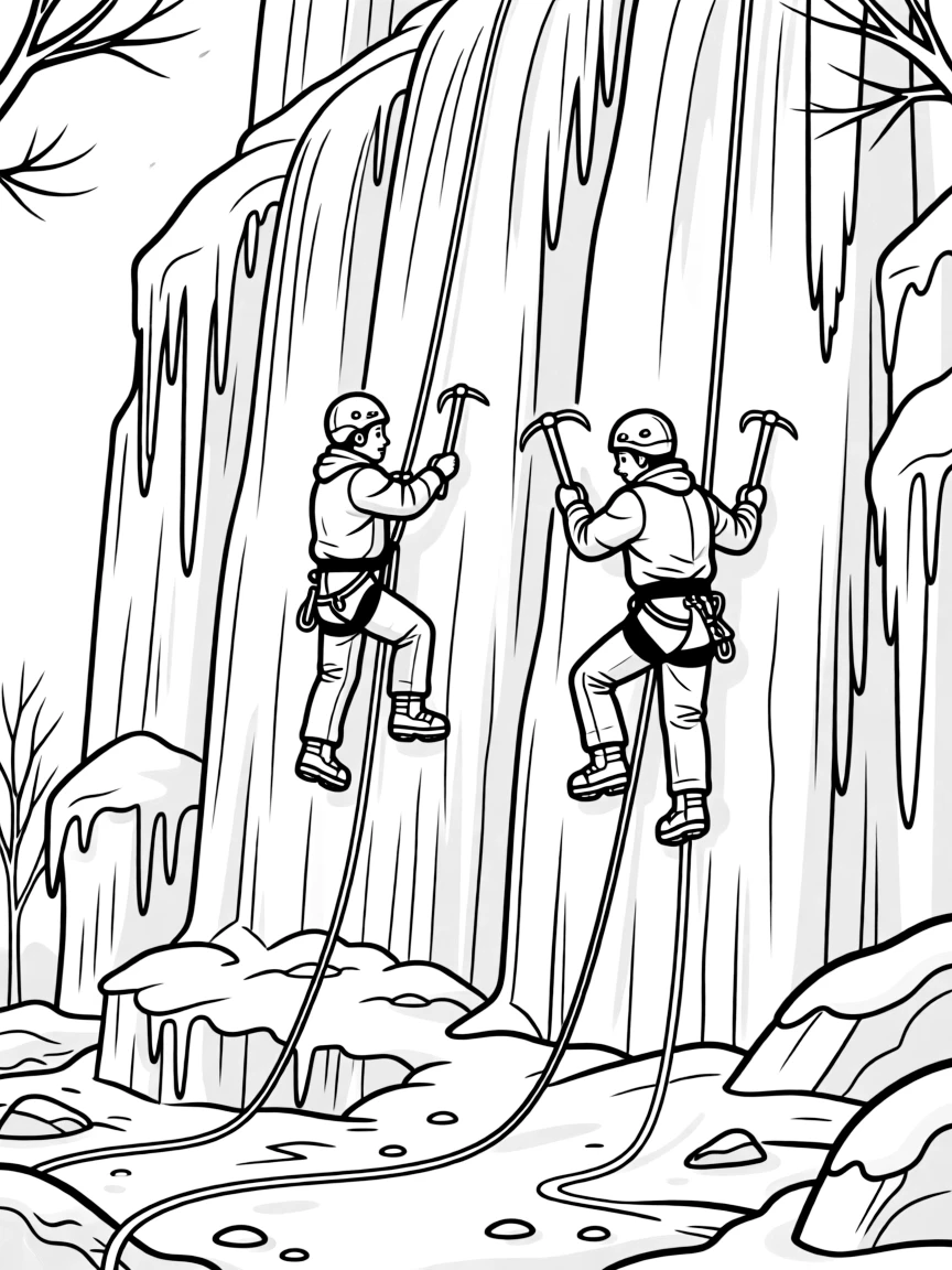 Ice climbers scaling a frozen waterfall with equipment