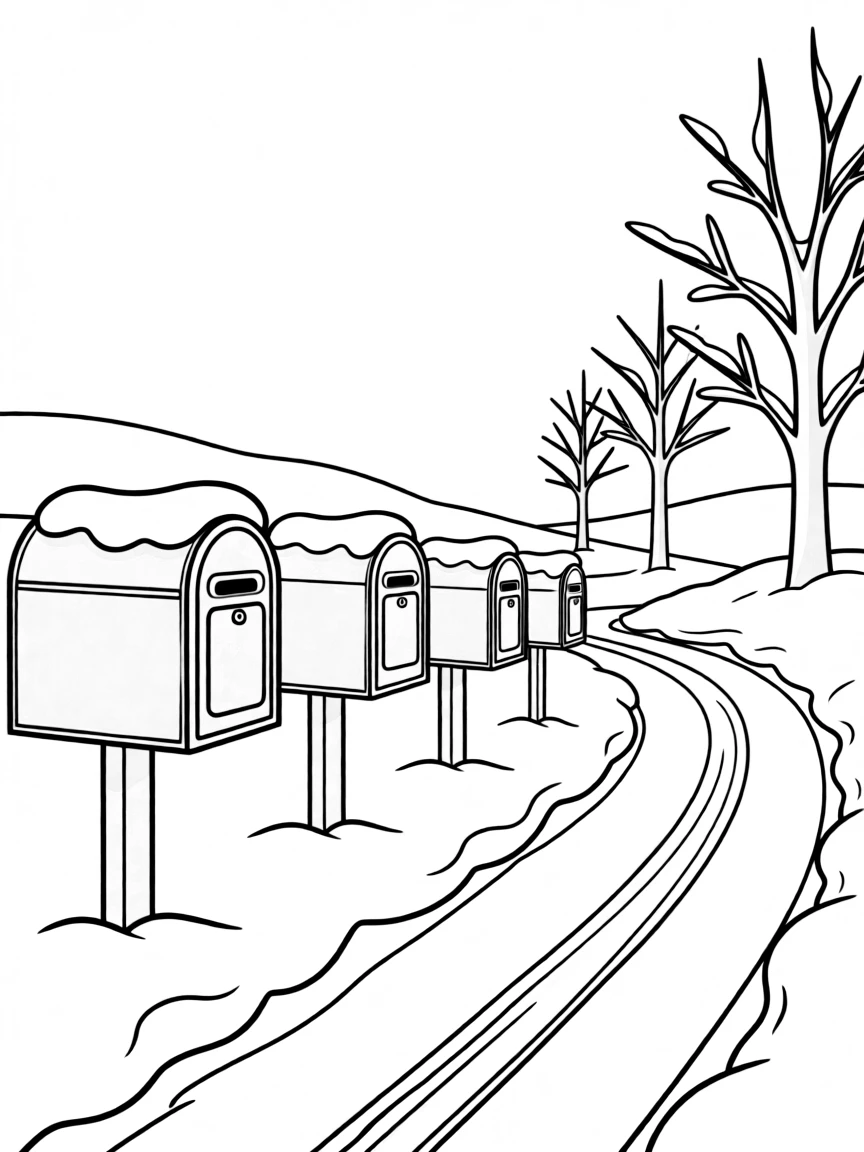 Snow-covered mailboxes along a rural winter road