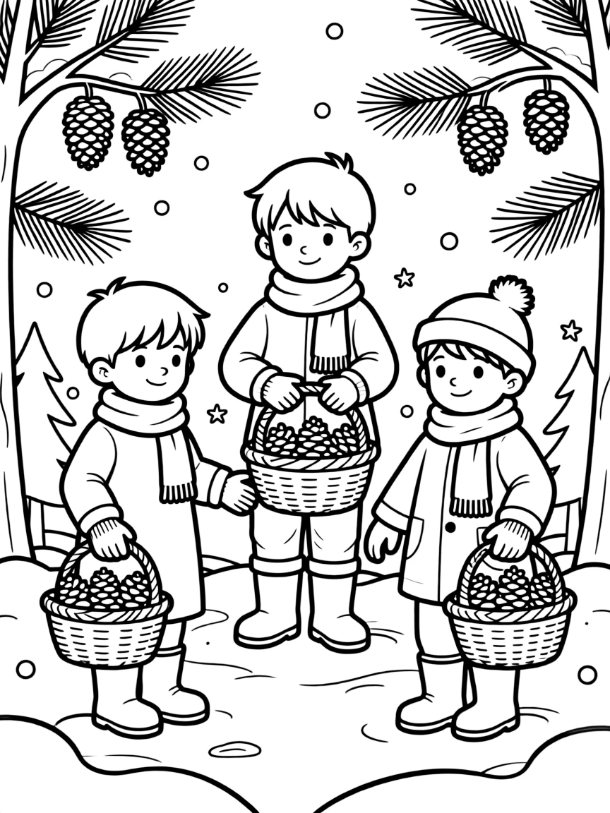 A winter scene with children collecting pine cones in baskets