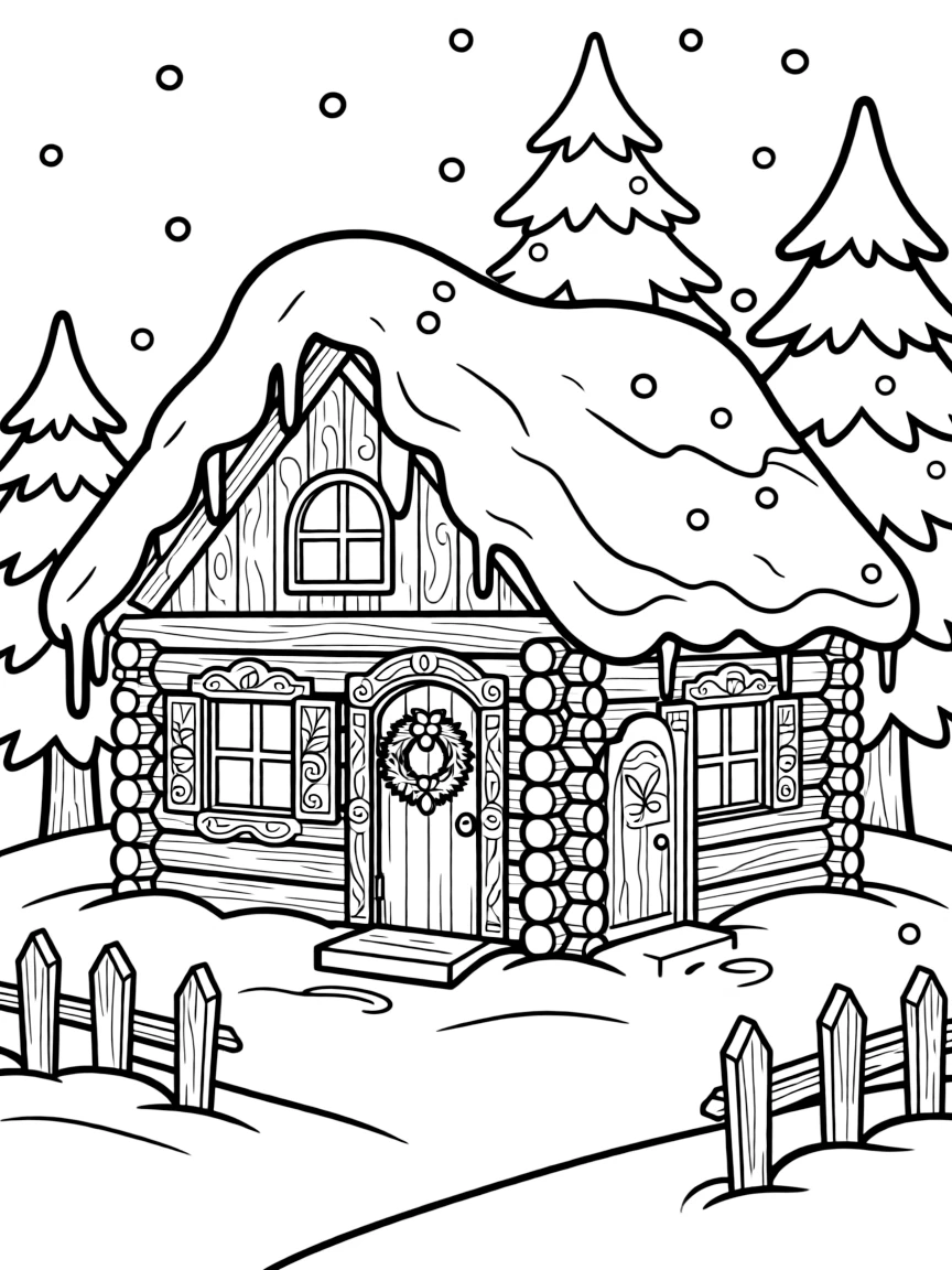 A mountain cabin with detailed wood carvings covered in snow