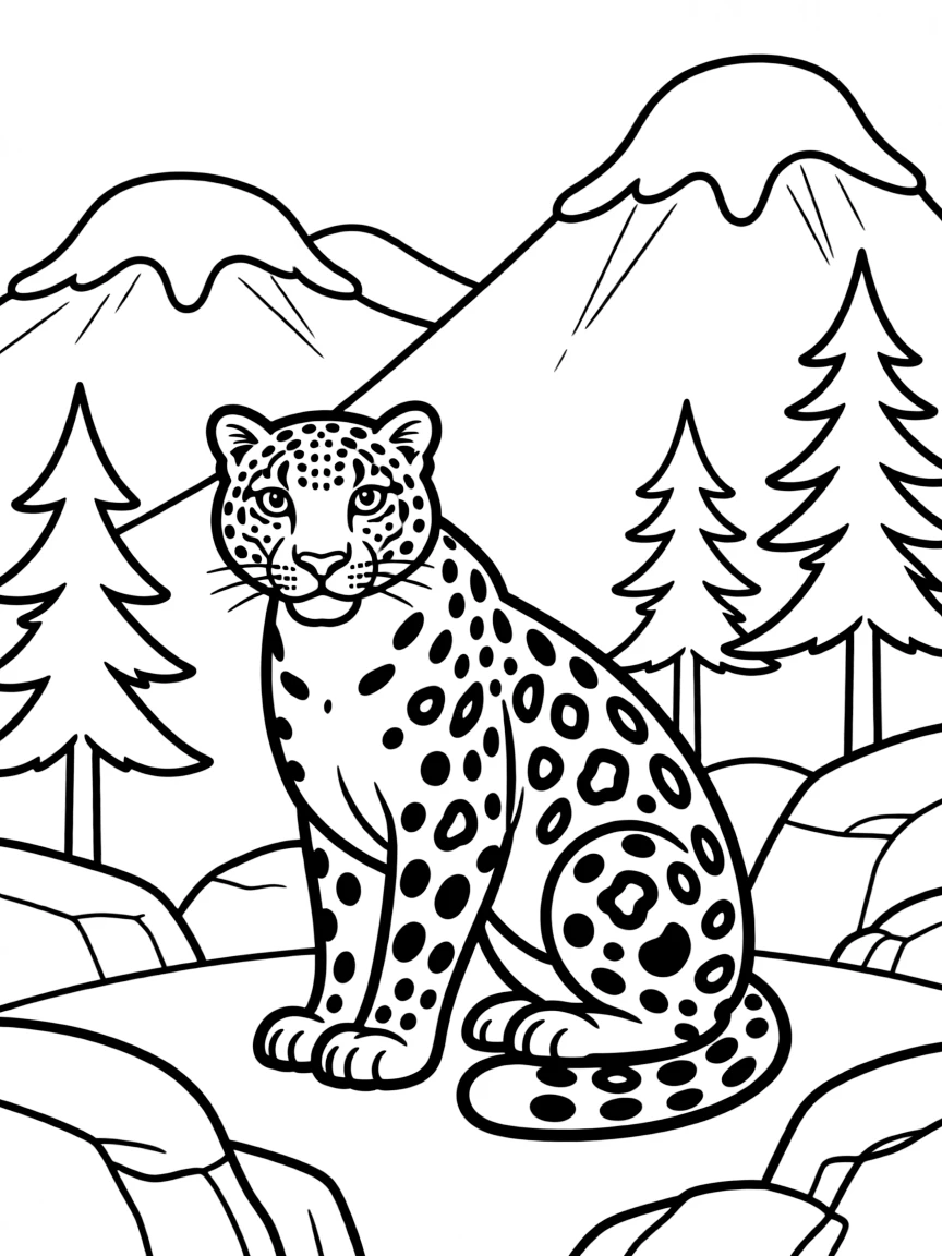 A snow leopard camouflaged in a snowy mountain scene