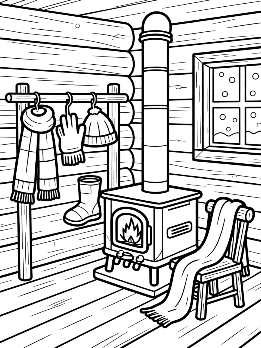 Winter clothes drying by a wood stove in a cabin