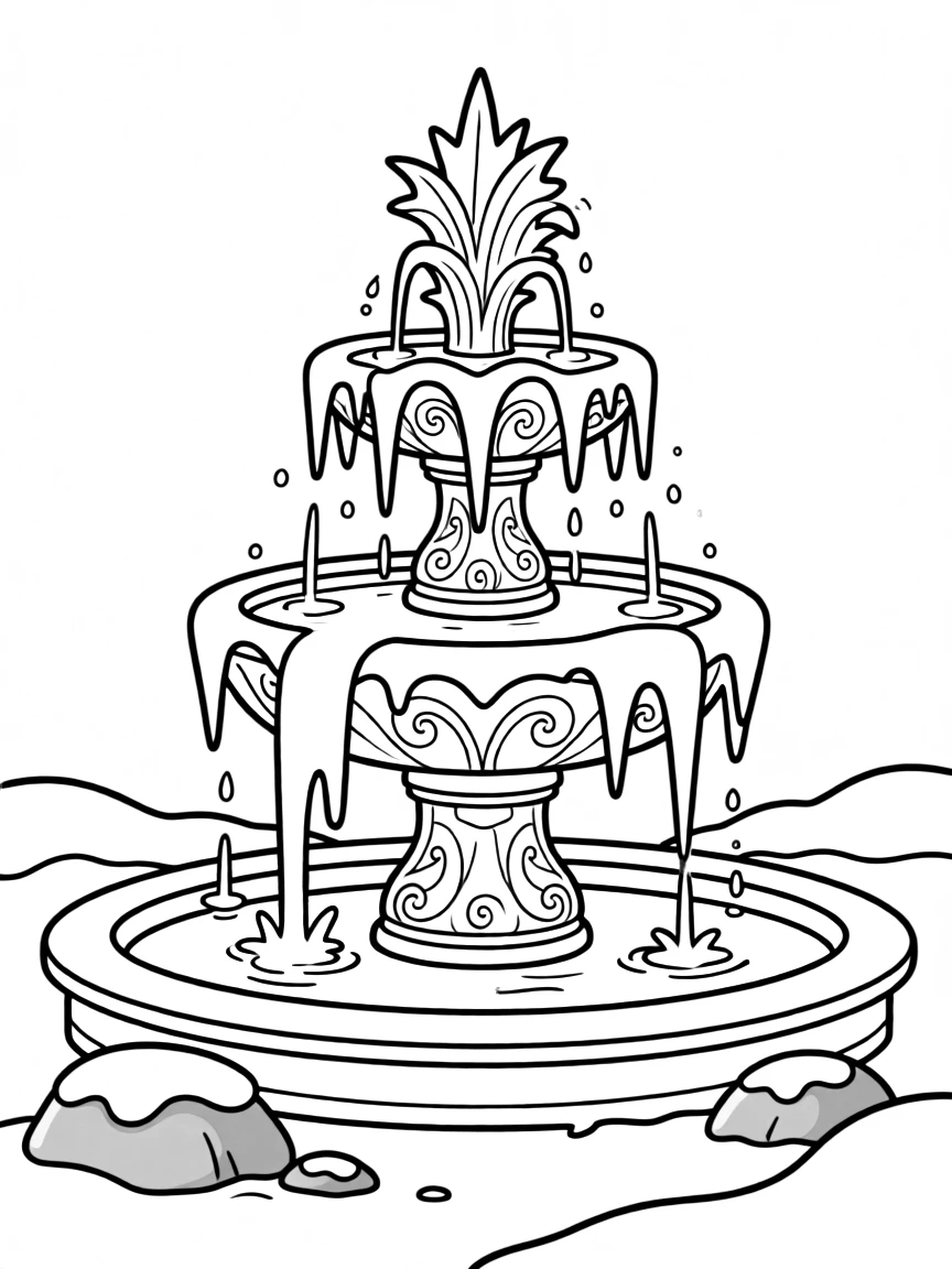 A frozen fountain with intricate ice formations