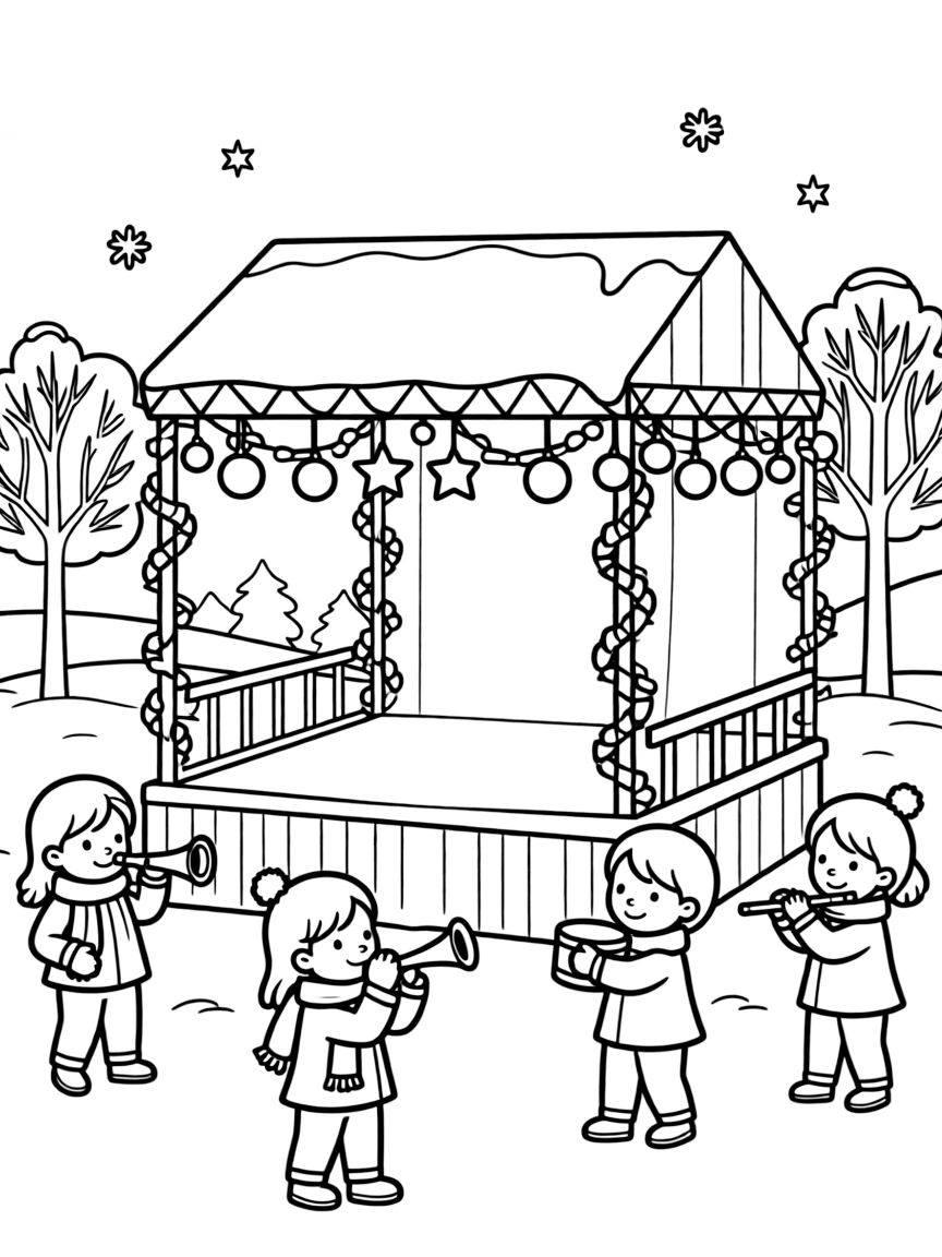 An outdoor winter concert with a decorated bandstand