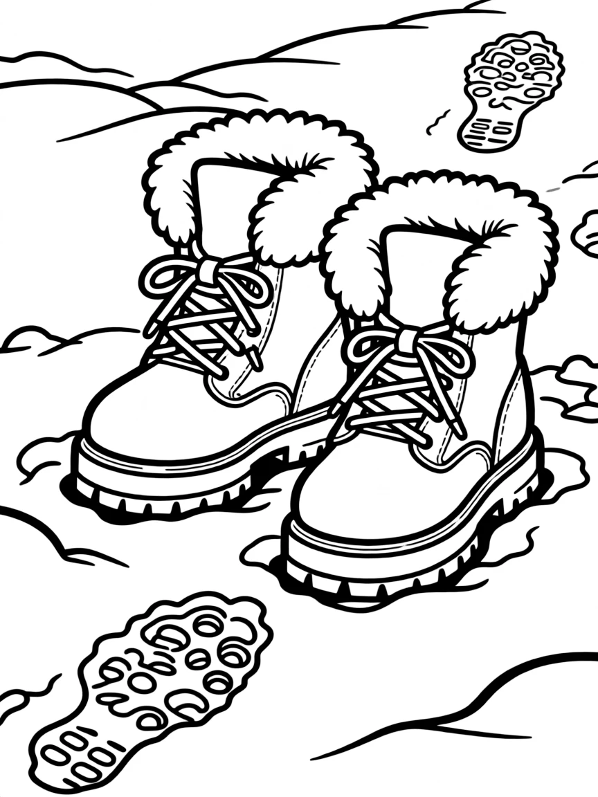 Detailed winter boots leaving footprints in deep snow