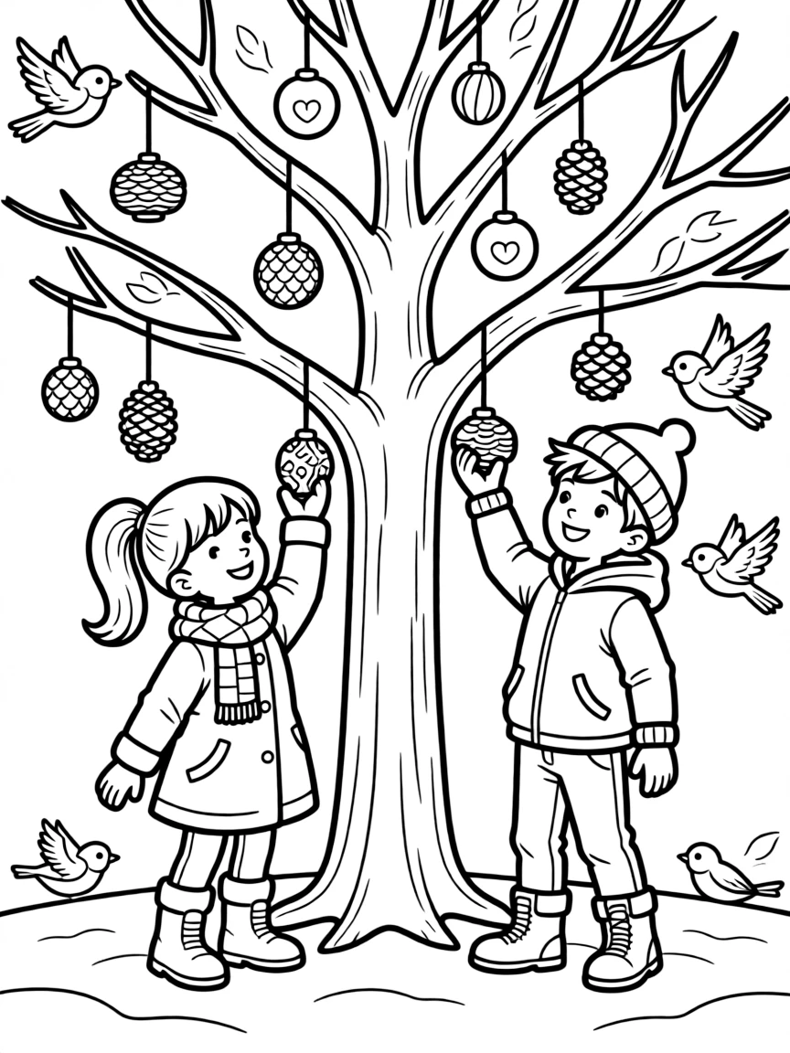 Children decorating an outdoor tree with winter bird treats