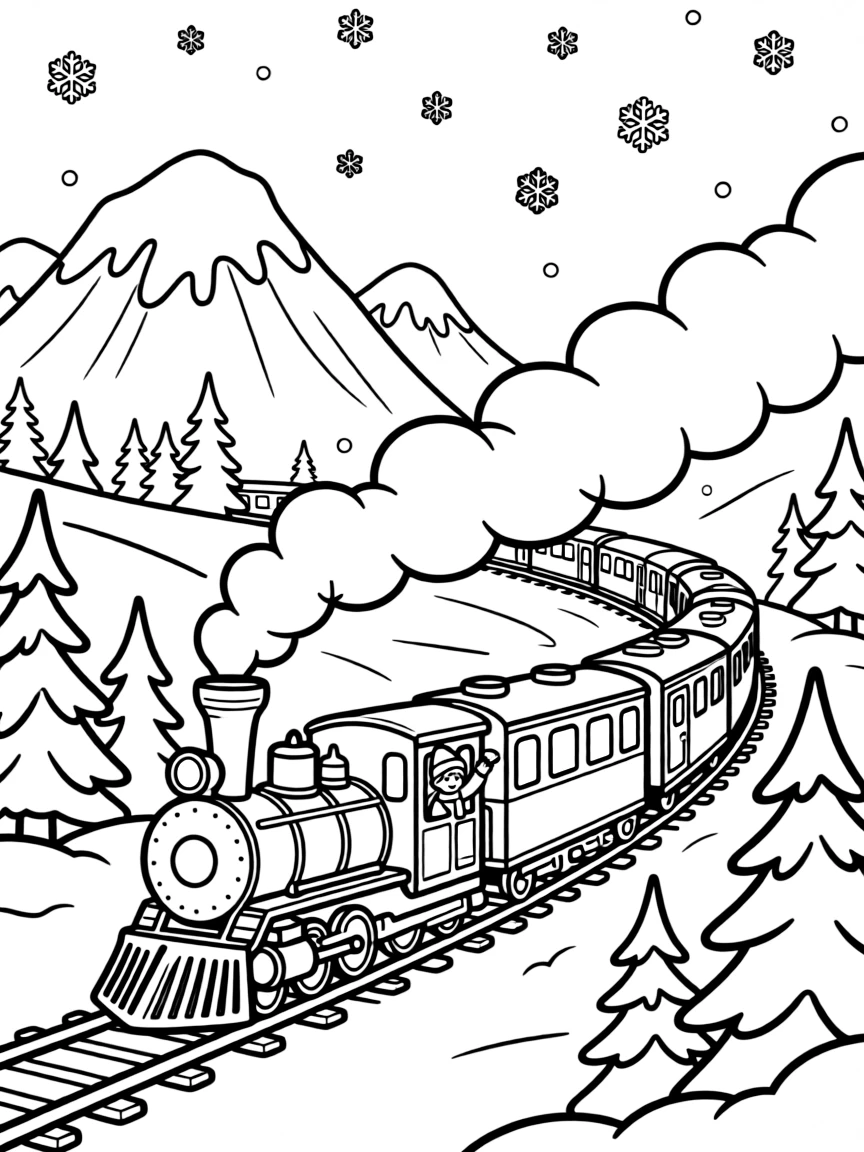 A winter train journey through snowy mountains