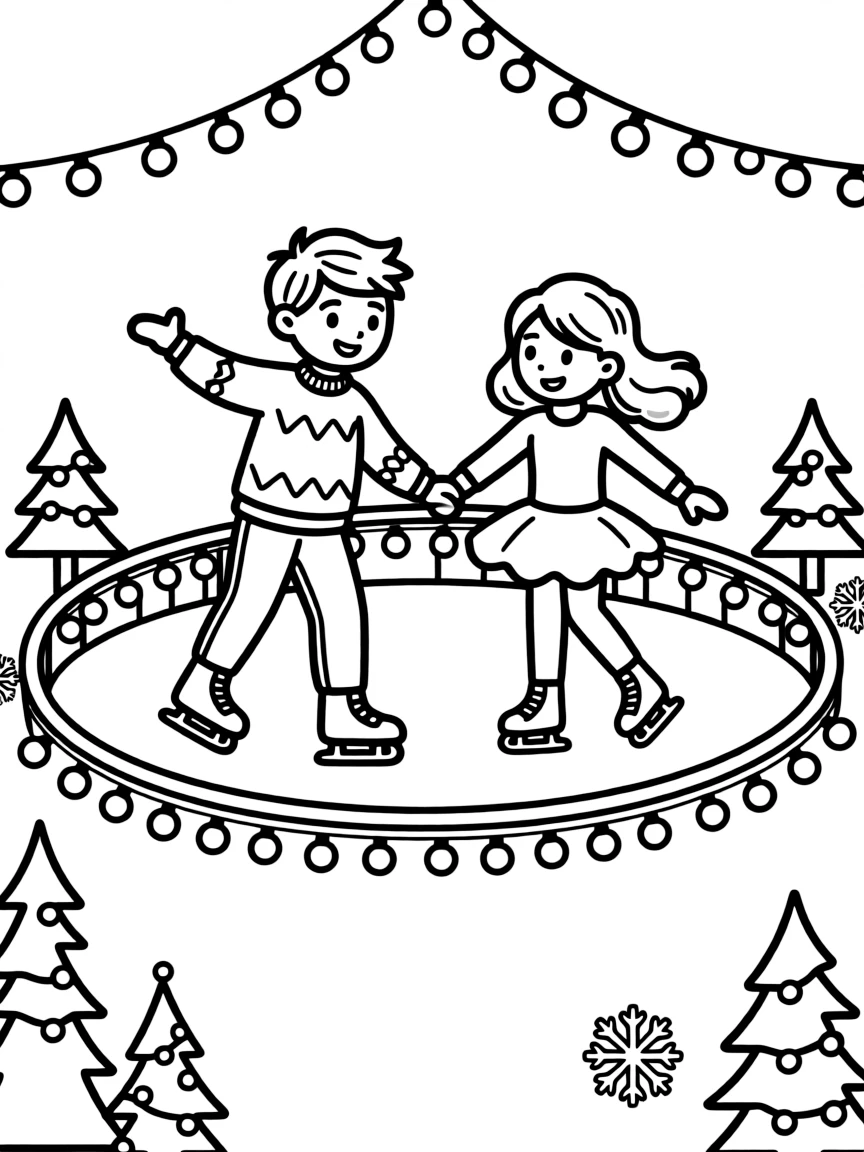 Ice skaters performing on a decorated rink with lights