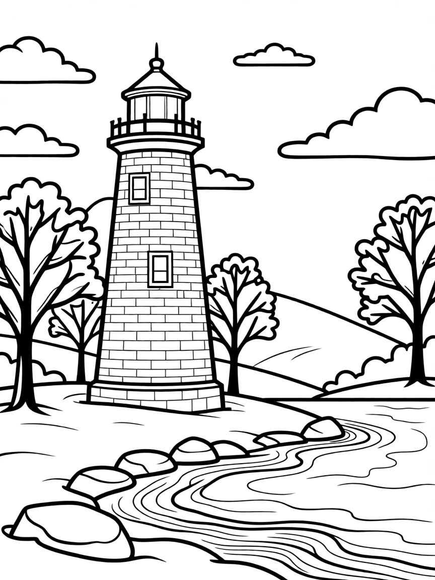 A snowy lighthouse on a winter shoreline