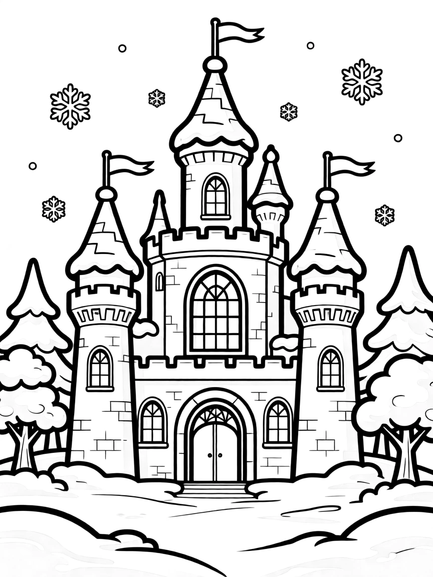 A winter fairy tale castle with detailed towers and snow